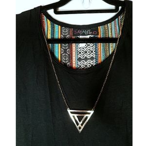 Black/Geometric Blouse with Attached Gold Necklace
